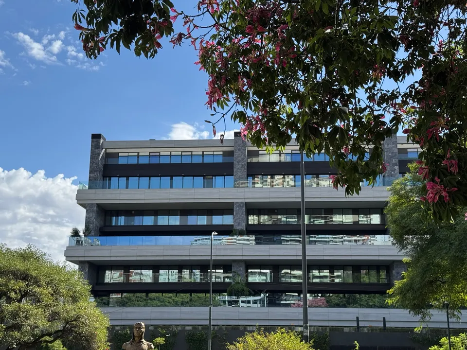 Edificio bajo de vidrio y piedra detrás de una rama en flor